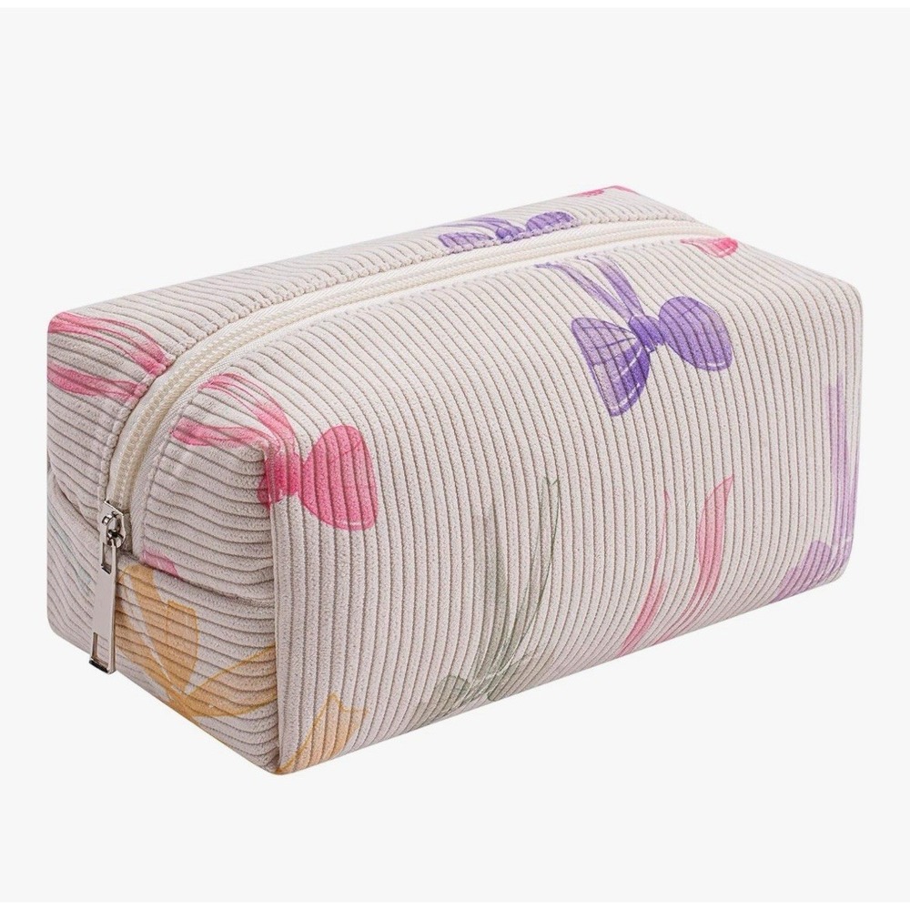 Corduroy Bow Print Makeup Bag Cosmetic Toiletry Pouch Cream‎ Pink Purple 7.5x4x4